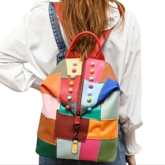 NEW Boho Chic Recycled Leather Patchwork Bucket Backpack Purse